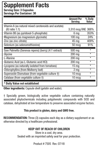 Supplement Facts label for Palmetto-Plus Forte showing 30 servings per container with a serving size of 3 capsules, detailing Vitamin A, Vitamin B6, Magnesium, Zinc, Selenium, Saw Palmetto, amino acids, Lycopene, Chlorophyllins, SOD, and Catalase per serving.