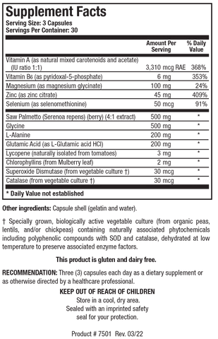 Supplement Facts label for Palmetto-Plus showing 30 servings per container with a serving size of 3 capsules, detailing Vitamin A, Vitamin B6, Magnesium, Zinc, Selenium, Saw Palmetto, and amino acids per serving.
