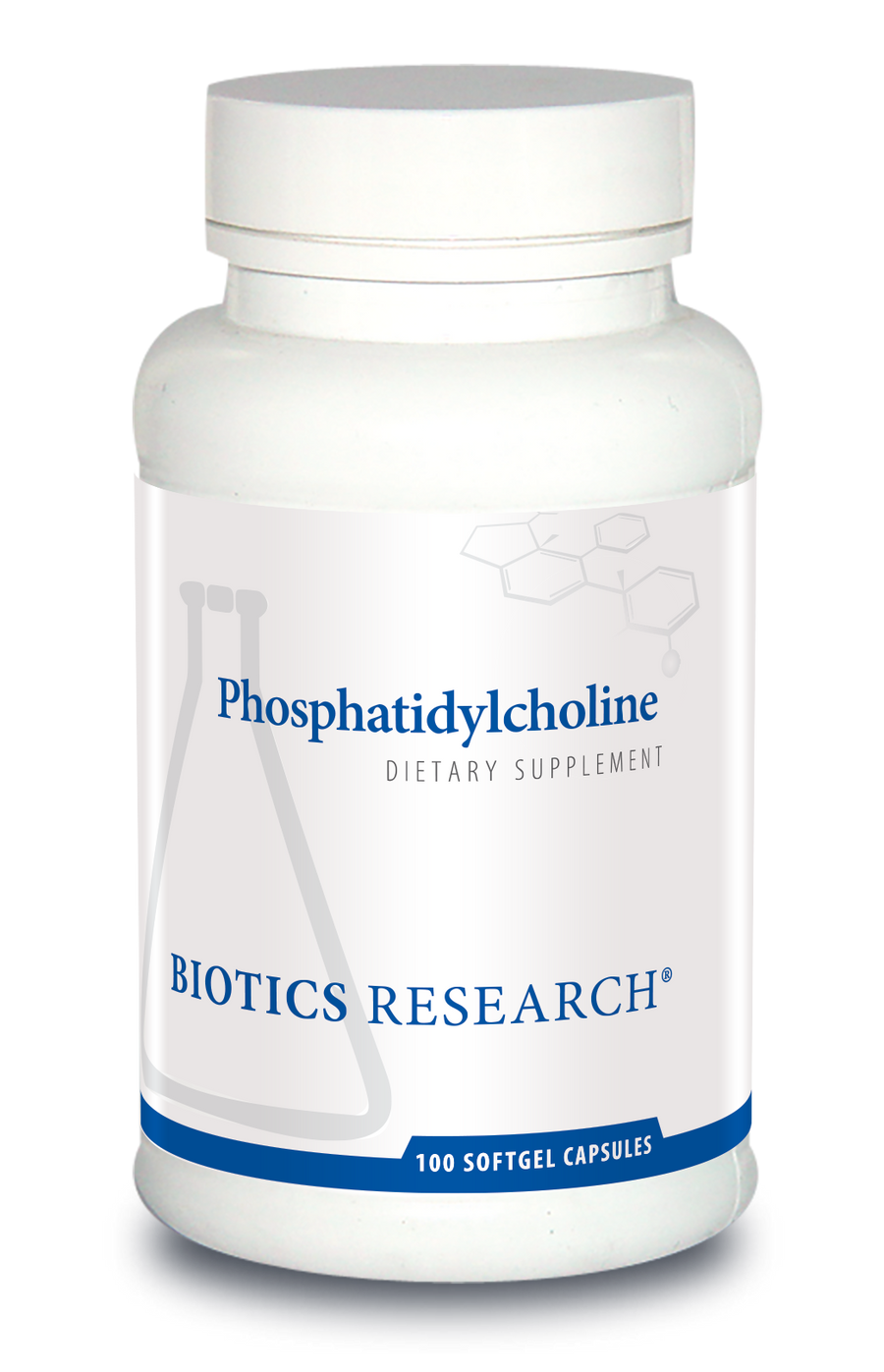 Biotics Research Phosphatidylcholine dietary supplement bottle featuring white packaging with blue accents, a beaker graphic, and 100 softgel capsules count.