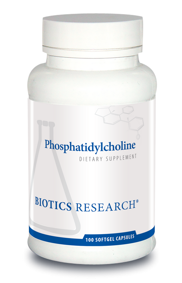 Biotics Research Phosphatidylcholine dietary supplement bottle featuring white packaging with blue accents, a beaker graphic, and 100 softgel capsules count.