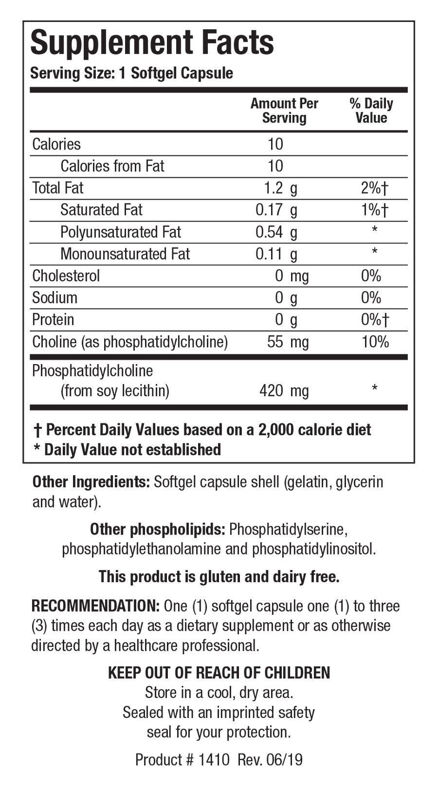 Supplement Facts label for Phosphatidylcholine showing a serving size of 1 softgel capsule, detailing 55 mg Choline (10% Daily Value) and 420 mg Phosphatidylcholine from soy lecithin per serving.