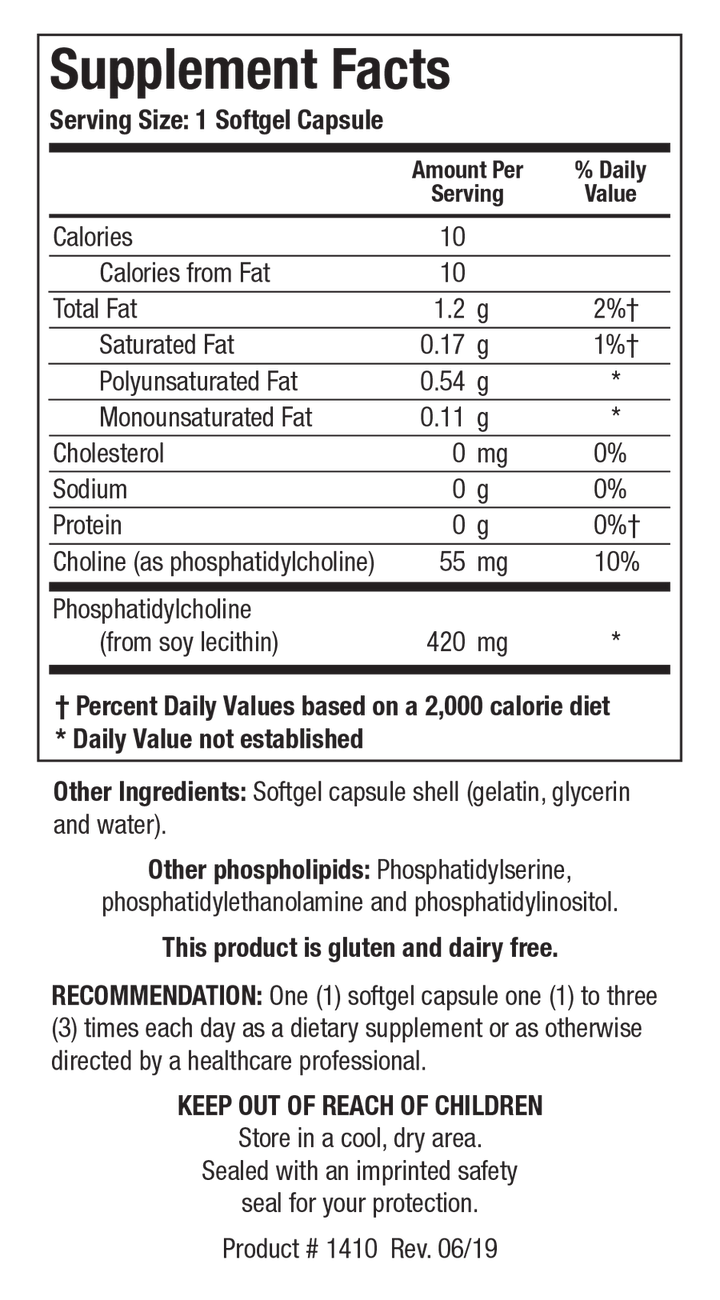 Supplement Facts label for Phosphatidylcholine showing a serving size of 1 softgel capsule, detailing 55 mg Choline (10% Daily Value) and 420 mg Phosphatidylcholine from soy lecithin per serving.