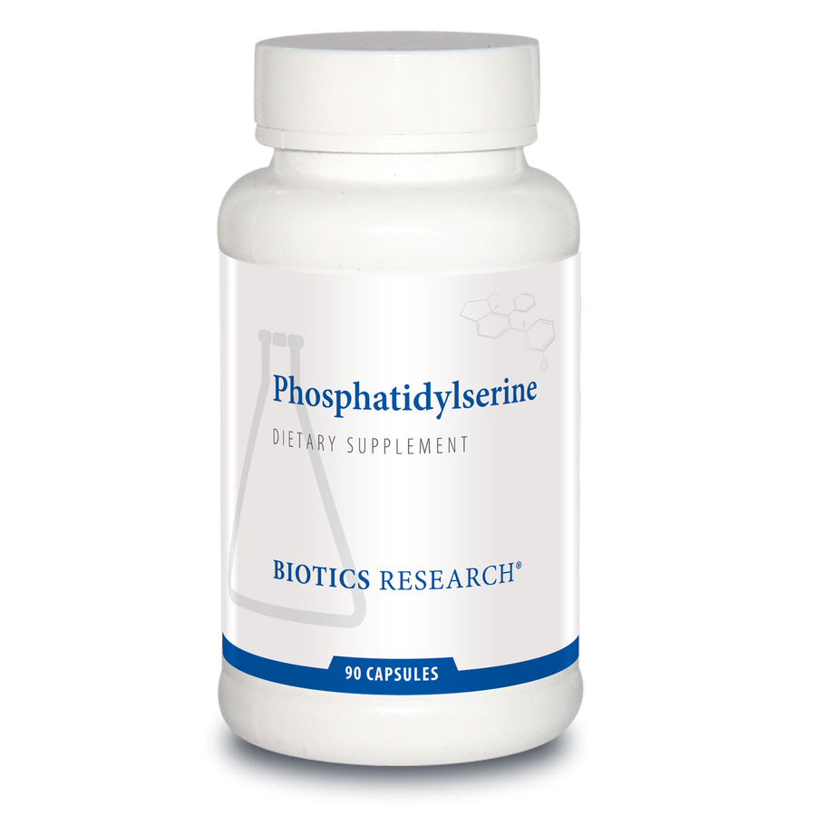 Biotics Research Phosphatidylserine dietary supplement bottle featuring white packaging with blue accents, a beaker graphic, and 90 capsules count.