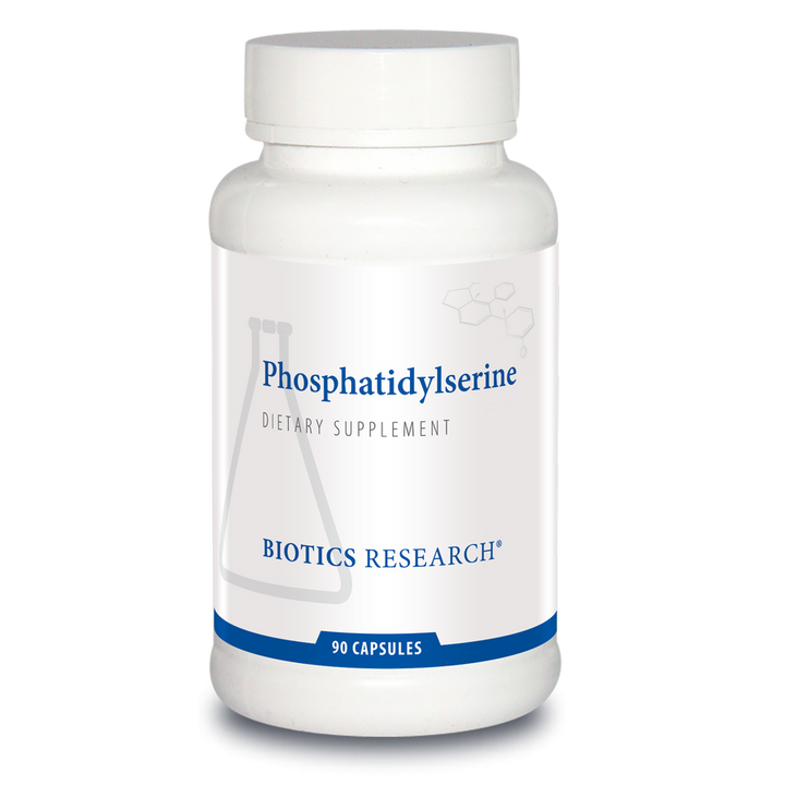 Biotics Research Phosphatidylserine dietary supplement bottle featuring white packaging with blue accents, a beaker graphic, and 90 capsules count.