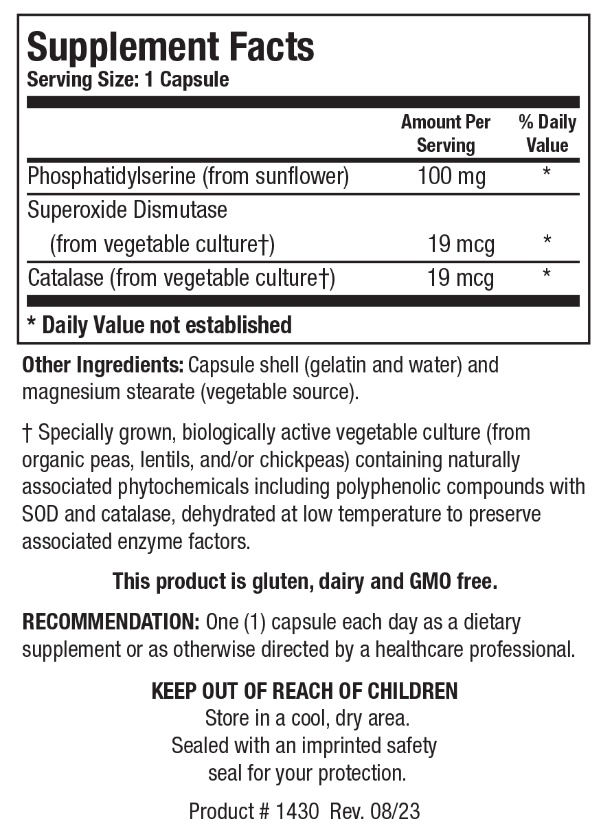 Supplement Facts label for Phosphatidylserine showing a serving size of 1 capsule, detailing 100 mg Phosphatidylserine (from sunflower), 19 mcg Superoxide Dismutase, and 19 mcg Catalase per serving.