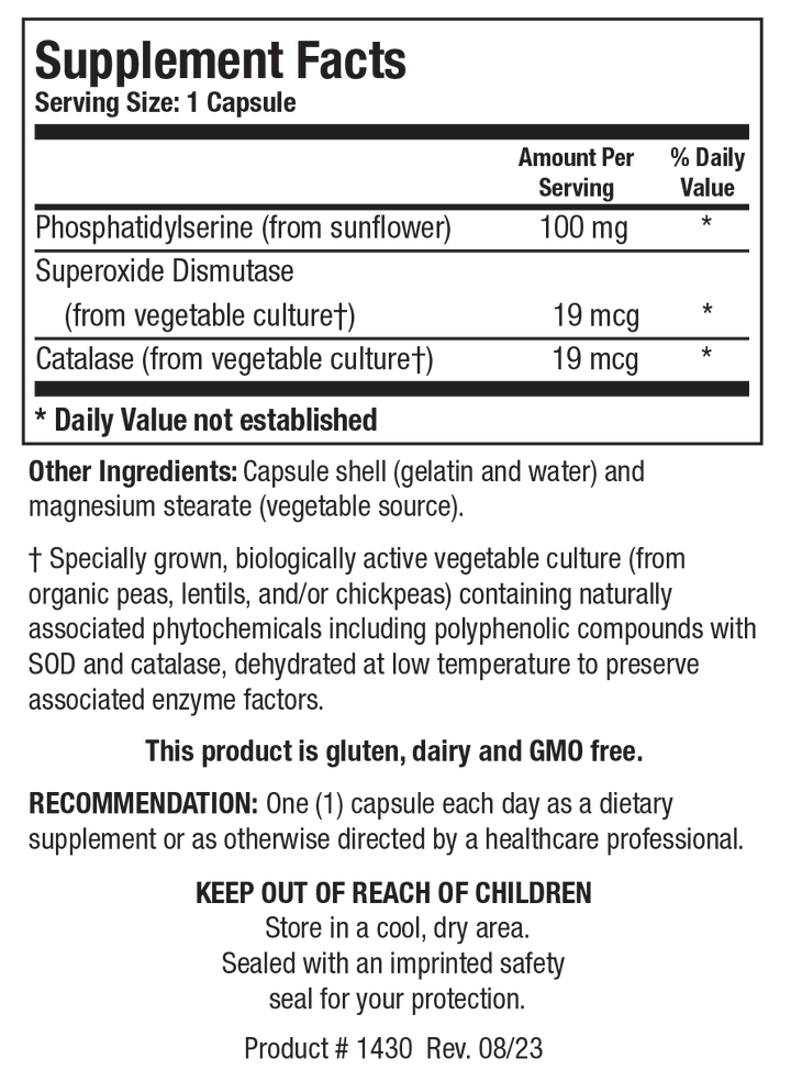 Supplement Facts label for Phosphatidylserine showing a serving size of 1 capsule, detailing 100 mg Phosphatidylserine (from sunflower), 19 mcg Superoxide Dismutase, and 19 mcg Catalase per serving.