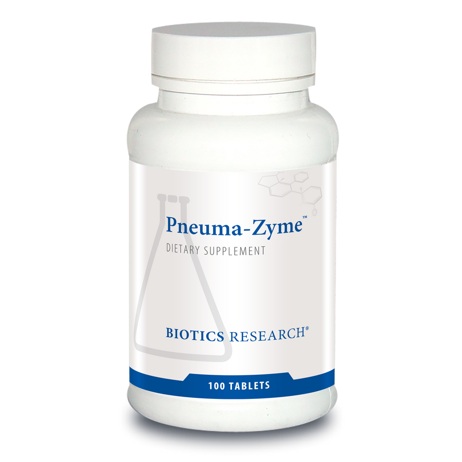 Biotics Research Pneuma-Zyme dietary supplement bottle featuring white packaging with blue accents, a beaker graphic, and 100 tablets count
