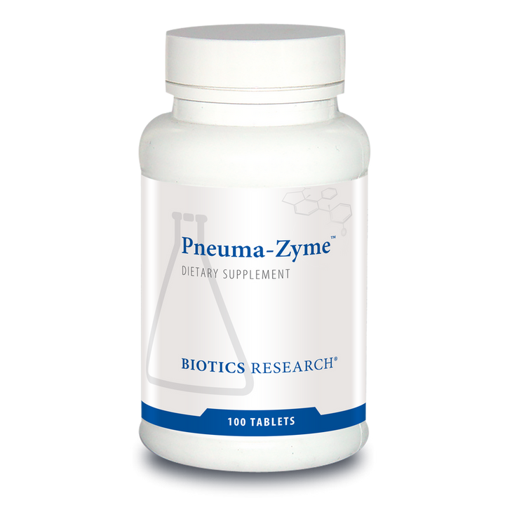 Biotics Research Pneuma-Zyme dietary supplement bottle featuring white packaging with blue accents, a beaker graphic, and 100 tablets count