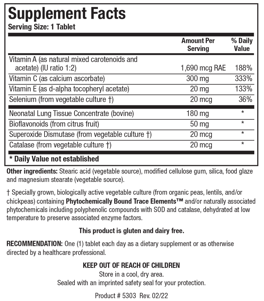 Supplement Facts label for Pneuma-Zyme showing a serving size of 1 tablet, detailing Vitamin A, Vitamin C, Vitamin E, Selenium, Neonatal Lung Tissue Concentrate (bovine), Bioflavonoids, Superoxide Dismutase, and Catalase.