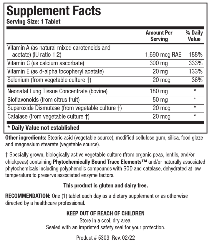 Supplement Facts label for Pneuma-Zyme showing a serving size of 1 tablet, detailing Vitamin A, Vitamin C, Vitamin E, Selenium, Neonatal Lung Tissue Concentrate (bovine), Bioflavonoids, Superoxide Dismutase, and Catalase.