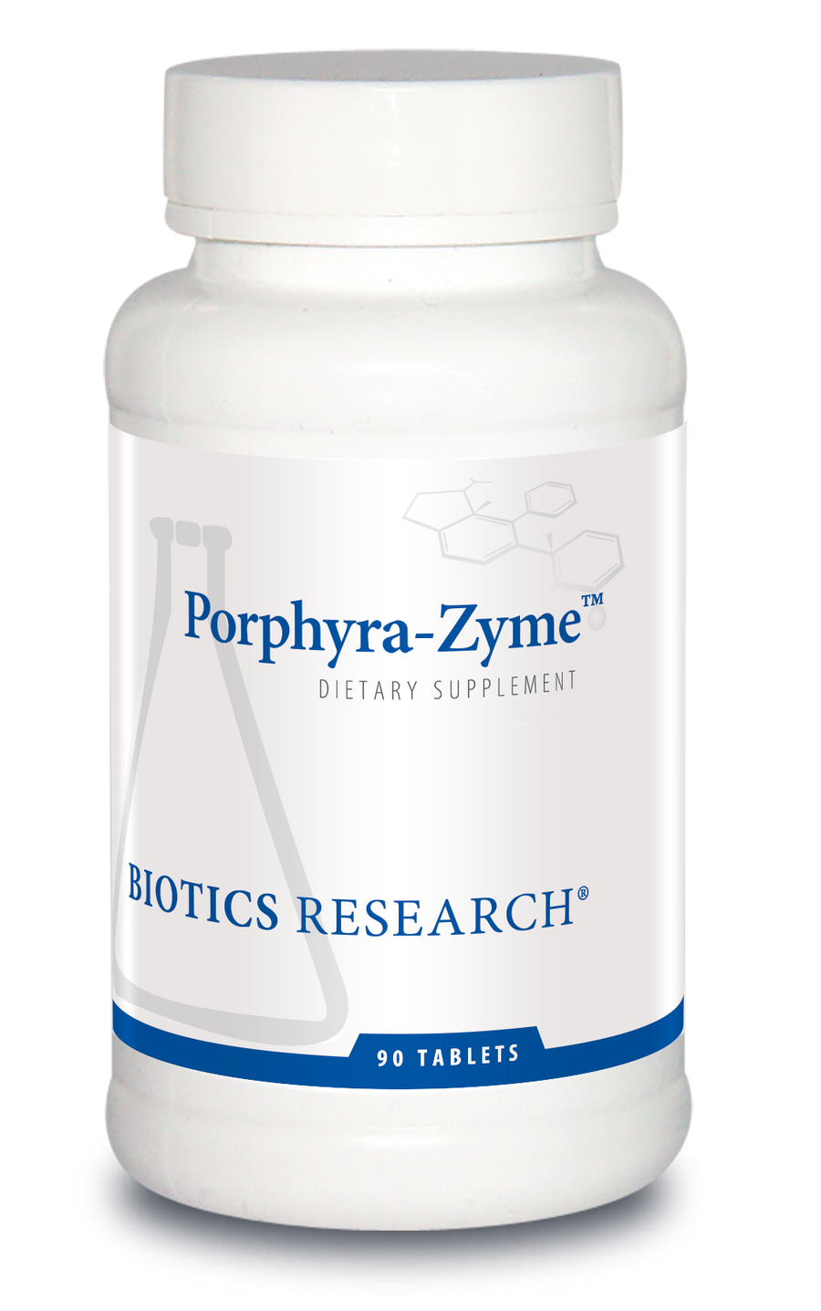 Biotics Research Porphyra-Zyme dietary supplement bottle featuring white packaging with blue accents, a beaker graphic, and 90 tablets count.