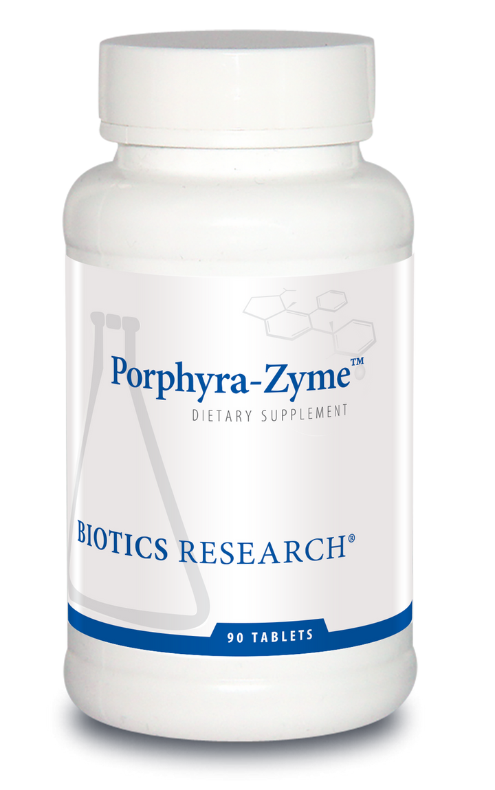 Biotics Research Porphyra-Zyme dietary supplement bottle featuring white packaging with blue accents, a beaker graphic, and 90 tablets count.