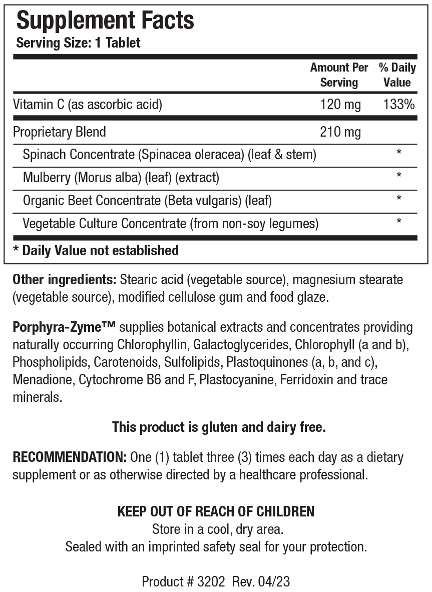 Supplement Facts label for Porphyra-Zyme showing a serving size of 1 tablet, detailing 120 mg Vitamin C (133% Daily Value) and a 210 mg Proprietary Blend with Spinach Concentrate, Mulberry, Organic Beet Concentrate, and Vegetable Culture Concentrate.