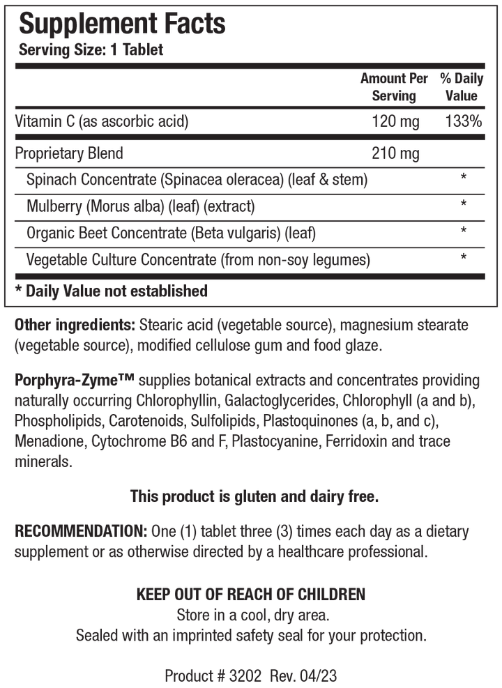 Supplement Facts label for Porphyra-Zyme showing a serving size of 1 tablet, detailing 120 mg Vitamin C (133% Daily Value) and a 210 mg Proprietary Blend with Spinach Concentrate, Mulberry, Organic Beet Concentrate, and Vegetable Culture Concentrate.