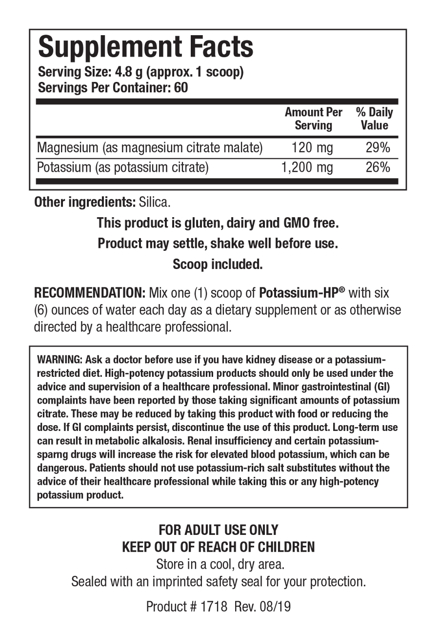 Supplement Facts label for Potassium-HP showing 60 servings per container with a serving size of 4.8 g (approx. 1 scoop), detailing 120 mg Magnesium (29% Daily Value) and 1,200 mg Potassium (26% Daily Value) per serving.