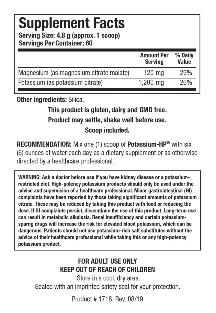 Supplement Facts label for Potassium-HP showing 60 servings per container with a serving size of 4.8 g (approx. 1 scoop), detailing 120 mg Magnesium (29% Daily Value) and 1,200 mg Potassium (26% Daily Value) per serving.