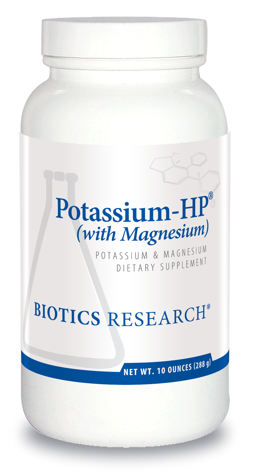 Biotics Research Potassium-HP (with Magnesium) dietary supplement container featuring white packaging with blue accents, a beaker graphic, and a net weight of 10 ounces (288 g).
