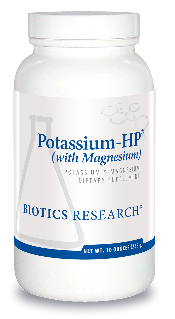 Biotics Research Potassium-HP (with Magnesium) dietary supplement container featuring white packaging with blue accents, a beaker graphic, and a net weight of 10 ounces (288 g).