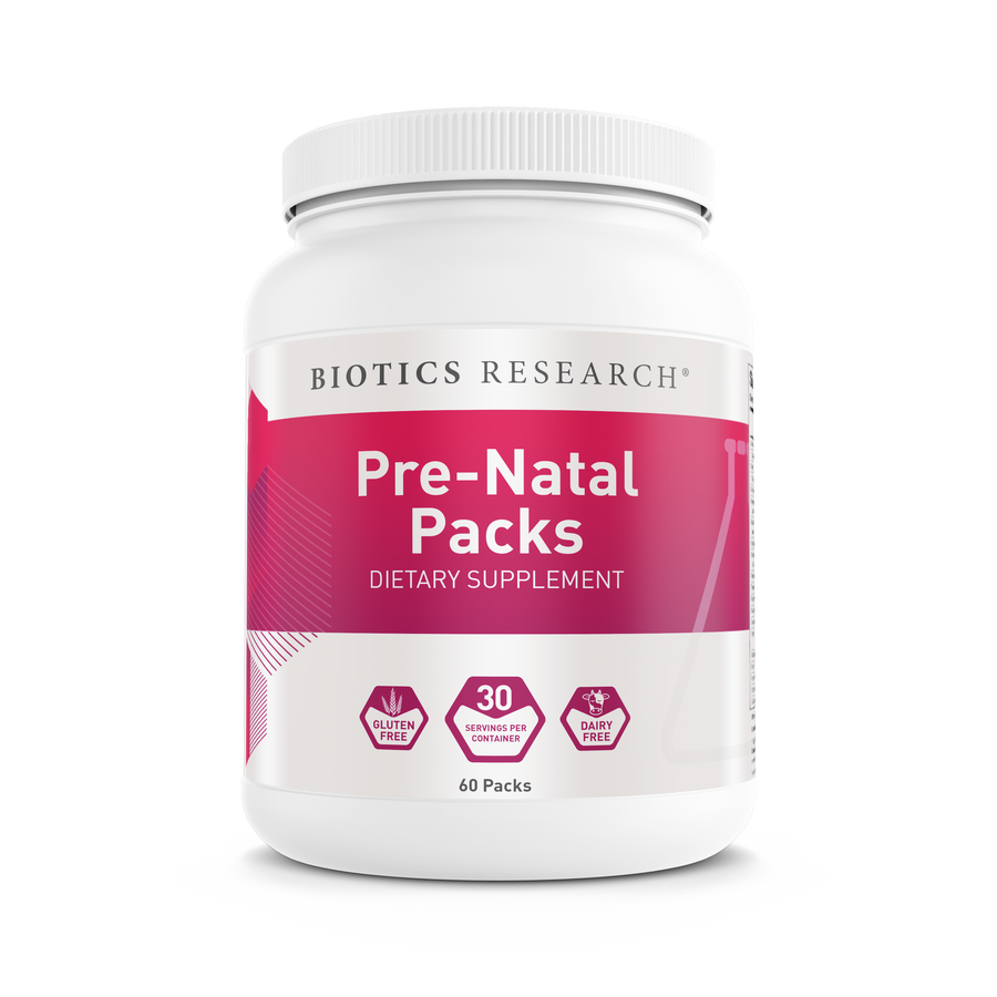 Biotics Research Pre-Natal Packs dietary supplement container featuring white packaging with pink accents, gluten-free and dairy-free icons, 30 servings per container, and 60 packs count.