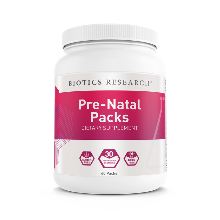 Biotics Research Pre-Natal Packs dietary supplement container featuring white packaging with pink accents, gluten-free and dairy-free icons, 30 servings per container, and 60 packs count.