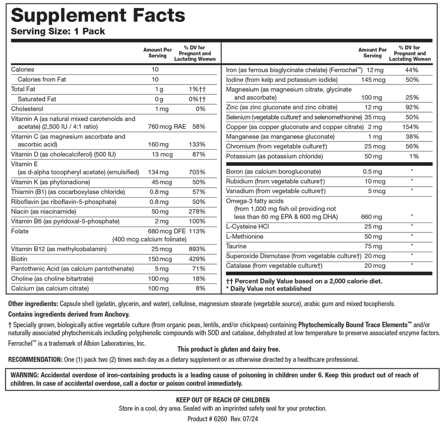 Supplement Facts label for Pre-Natal Packs showing a serving size of 1 pack, detailing essential vitamins, minerals, trace elements, Omega-3 fatty acids, amino acids, and antioxidant enzymes.