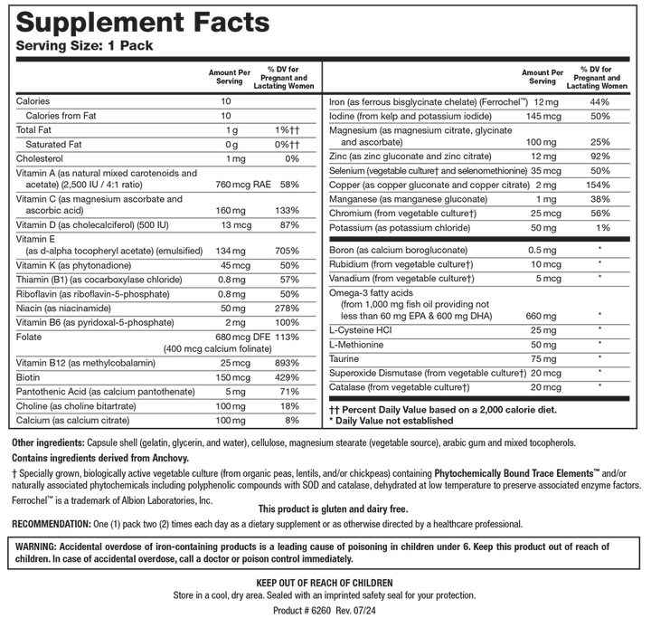 Supplement Facts label for Pre-Natal Packs showing a serving size of 1 pack, detailing essential vitamins, minerals, trace elements, Omega-3 fatty acids, amino acids, and antioxidant enzymes.