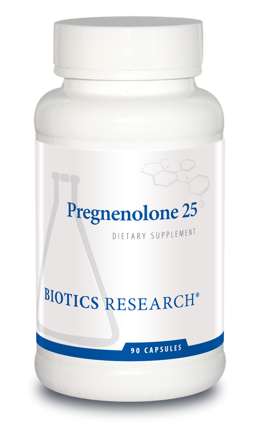 Biotics Research Pregnenolone 25 dietary supplement bottle featuring white packaging with blue accents, a beaker graphic, and 90 capsules count.