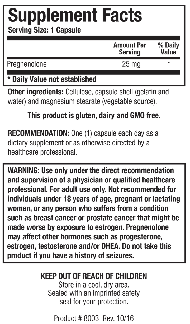 Supplement Facts label for Pregnenolone 25 showing a serving size of 1 capsule, detailing 25 mg Pregnenolone per serving.