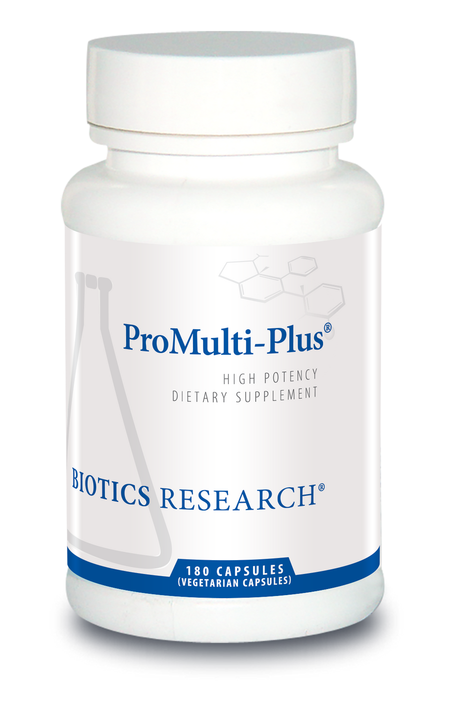Biotics Research ProMulti-Plus high potency dietary supplement bottle featuring white packaging with blue accents, a beaker graphic, and 180 vegetarian capsules count.
