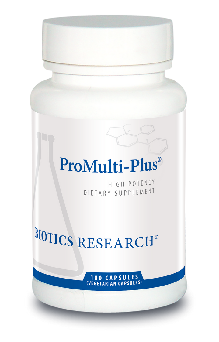 Biotics Research ProMulti-Plus high potency dietary supplement bottle featuring white packaging with blue accents, a beaker graphic, and 180 vegetarian capsules count.