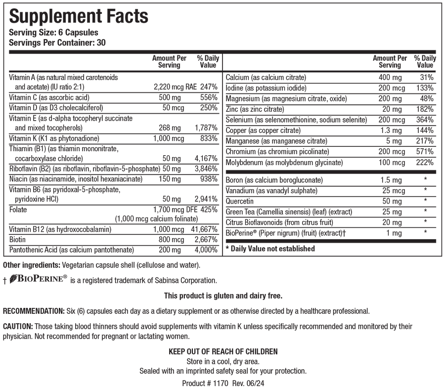 Supplement Facts label for ProMulti-Plus showing 30 servings per container with a serving size of 6 capsules, detailing essential vitamins, minerals, trace elements, Quercetin, Green Tea extract, Citrus Bioflavonoids, and BioPerine.