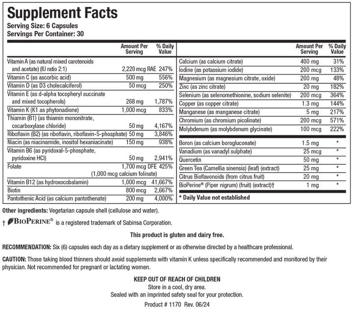 Supplement Facts label for ProMulti-Plus showing 30 servings per container with a serving size of 6 capsules, detailing essential vitamins, minerals, trace elements, Quercetin, Green Tea extract, Citrus Bioflavonoids, and BioPerine.
