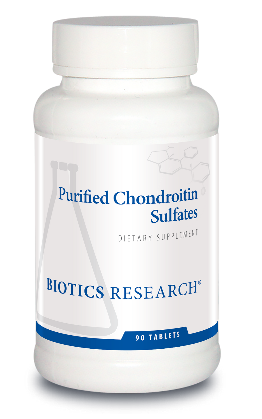 Biotics Research Purified Chondroitin Sulfates dietary supplement bottle featuring white packaging with blue accents, a beaker graphic, and 90 tablets count.