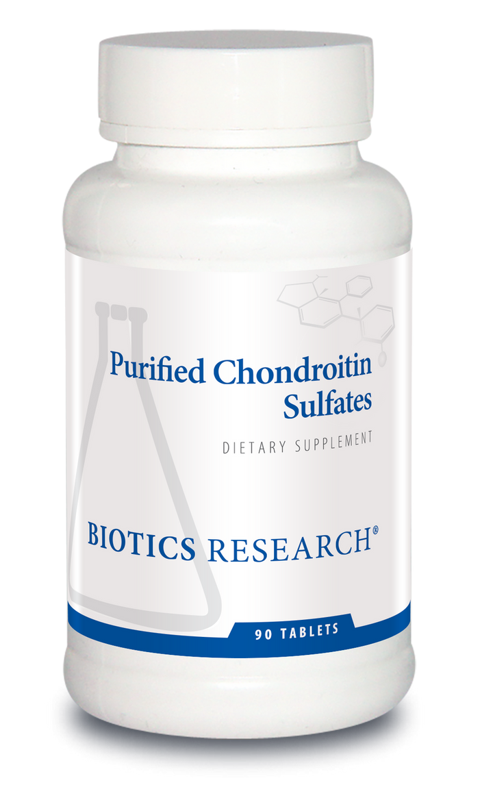 Biotics Research Purified Chondroitin Sulfates dietary supplement bottle featuring white packaging with blue accents, a beaker graphic, and 90 tablets count.