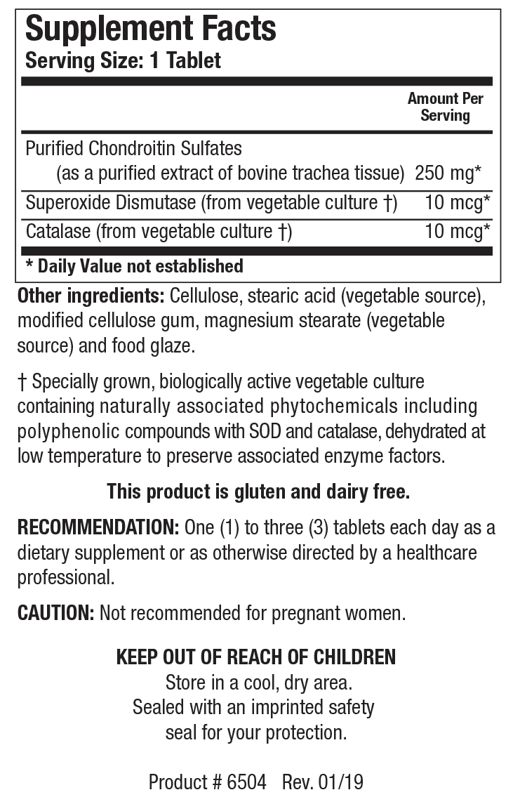 Supplement Facts label for Purified Chondroitin Sulfates showing a serving size of 1 tablet, detailing 250 mg Purified Chondroitin Sulfates, 10 mcg Superoxide Dismutase, and 10 mcg Catalase per serving.