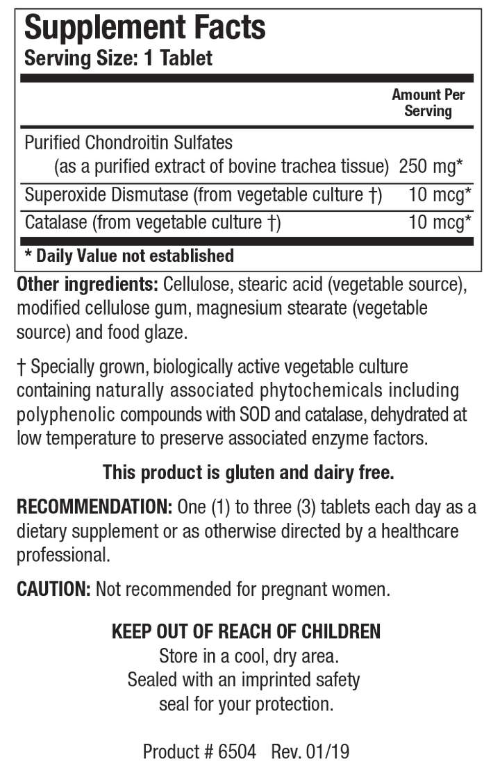 Supplement Facts label for Purified Chondroitin Sulfates showing a serving size of 1 tablet, detailing 250 mg Purified Chondroitin Sulfates, 10 mcg Superoxide Dismutase, and 10 mcg Catalase per serving.