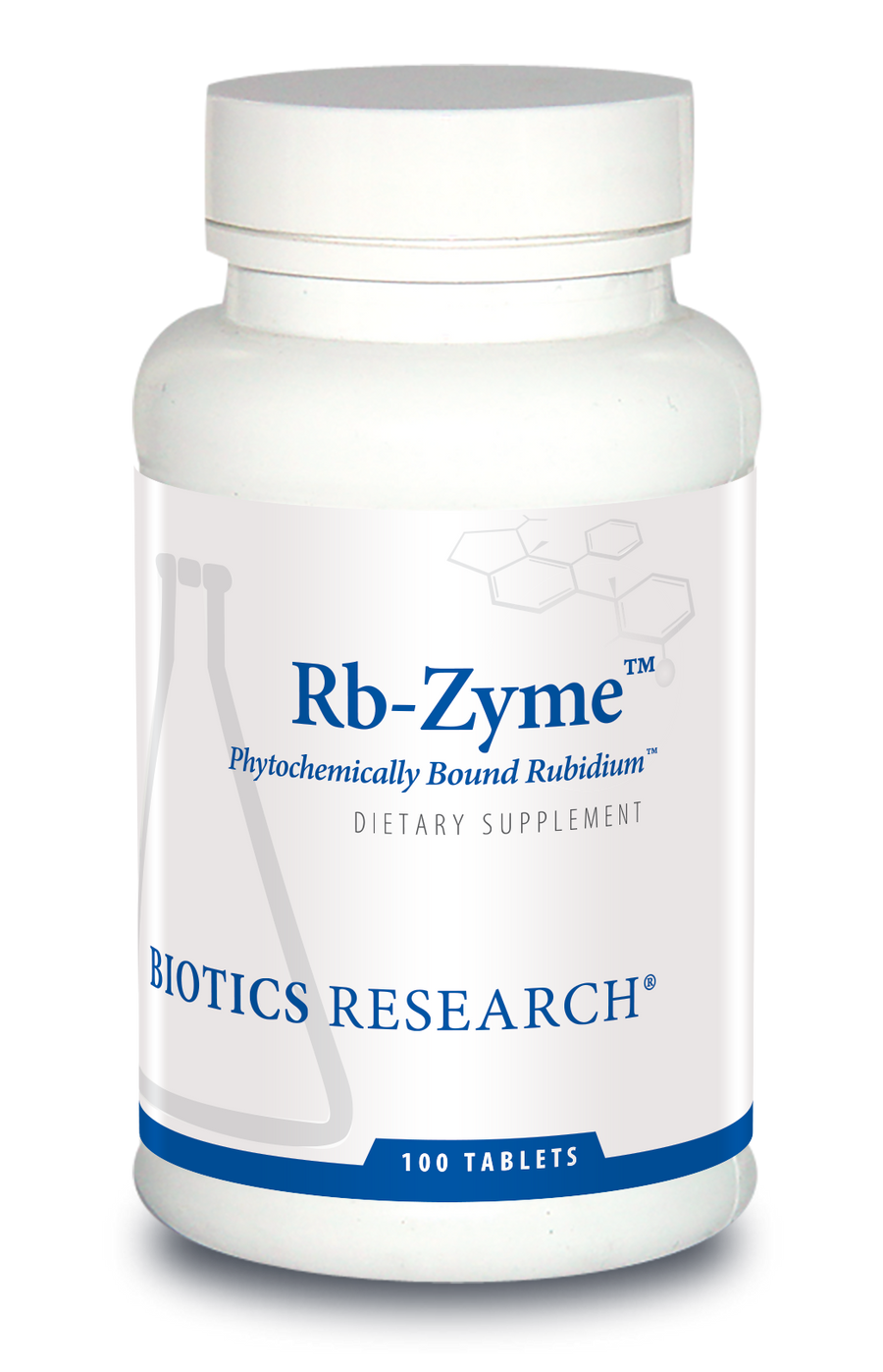 Biotics Research Rb-Zyme dietary supplement bottle featuring white packaging with blue accents, a beaker graphic, and 100 tablets count.