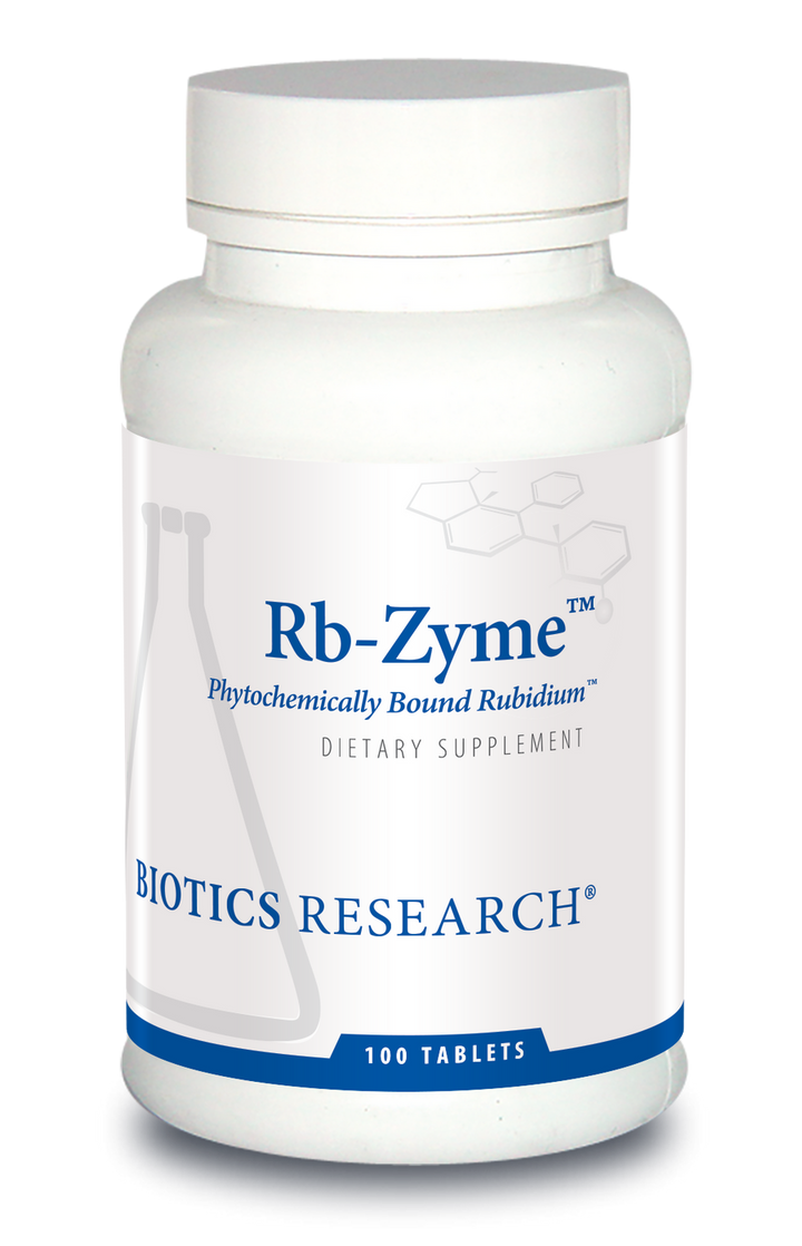 Biotics Research Rb-Zyme dietary supplement bottle featuring white packaging with blue accents, a beaker graphic, and 100 tablets count.