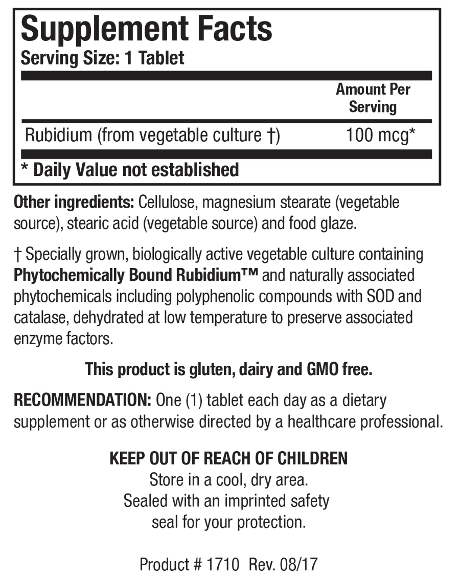 Supplement Facts label for Rb-Zyme showing a serving size of 1 tablet, detailing 100 mcg Rubidium (from vegetable culture) per serving.