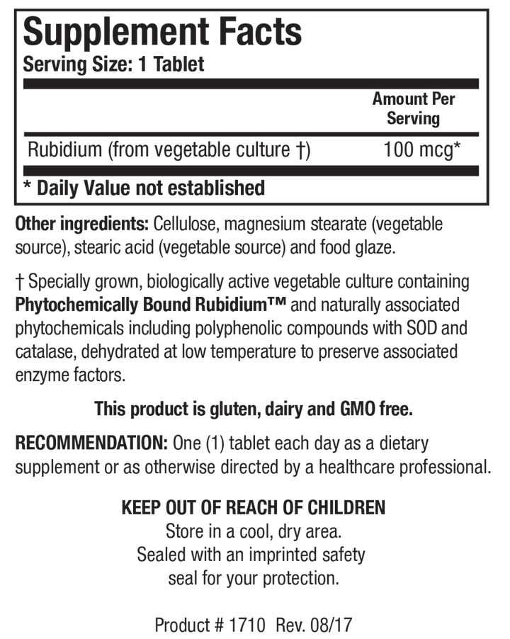 Supplement Facts label for Rb-Zyme showing a serving size of 1 tablet, detailing 100 mcg Rubidium (from vegetable culture) per serving.