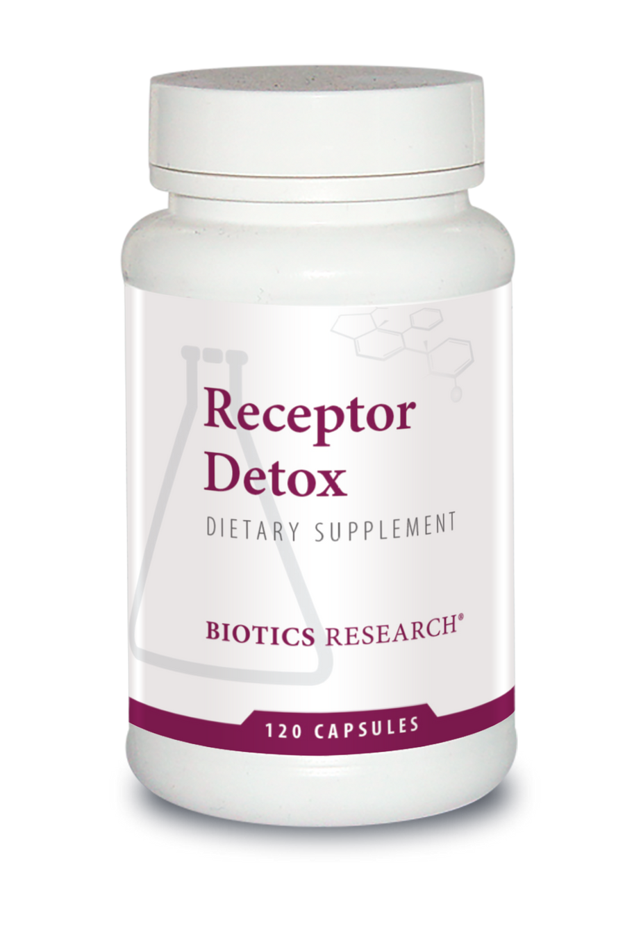 Biotics Research Receptor Detox dietary supplement bottle featuring white packaging with purple accents, a beaker graphic, and 120 capsules count.