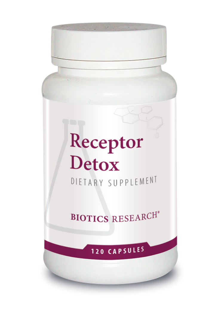 Biotics Research Receptor Detox dietary supplement bottle featuring white packaging with purple accents, a beaker graphic, and 120 capsules count.