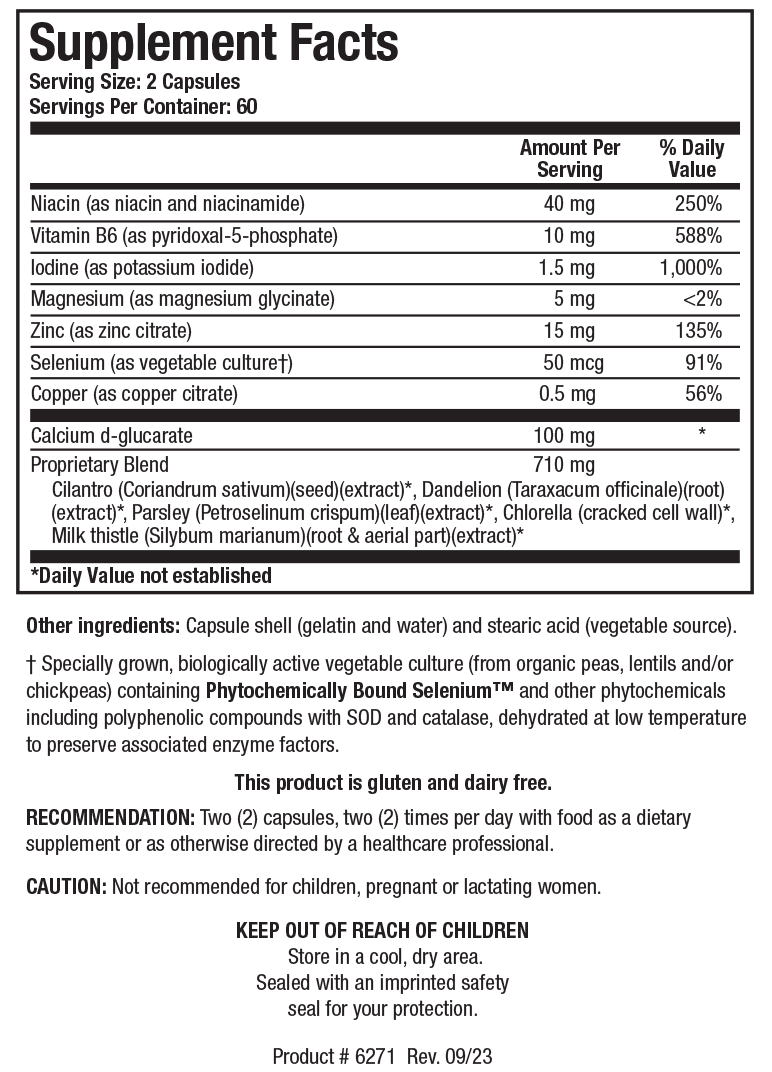 Supplement Facts label for Receptor Detox showing 60 servings per container with a serving size of 2 capsules, detailing Niacin, Vitamin B6, Iodine, Magnesium, Zinc, Selenium, Copper, Calcium d-glucarate, and a 710 mg Proprietary Blend.