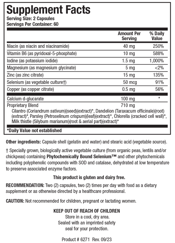 Supplement Facts label for Receptor Detox showing 60 servings per container with a serving size of 2 capsules, detailing Niacin, Vitamin B6, Iodine, Magnesium, Zinc, Selenium, Copper, Calcium d-glucarate, and a 710 mg Proprietary Blend.