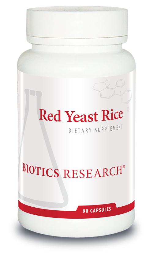 Biotics Research Red Yeast Rice dietary supplement bottle featuring white packaging with red accents, a beaker graphic, and 90 capsules count.