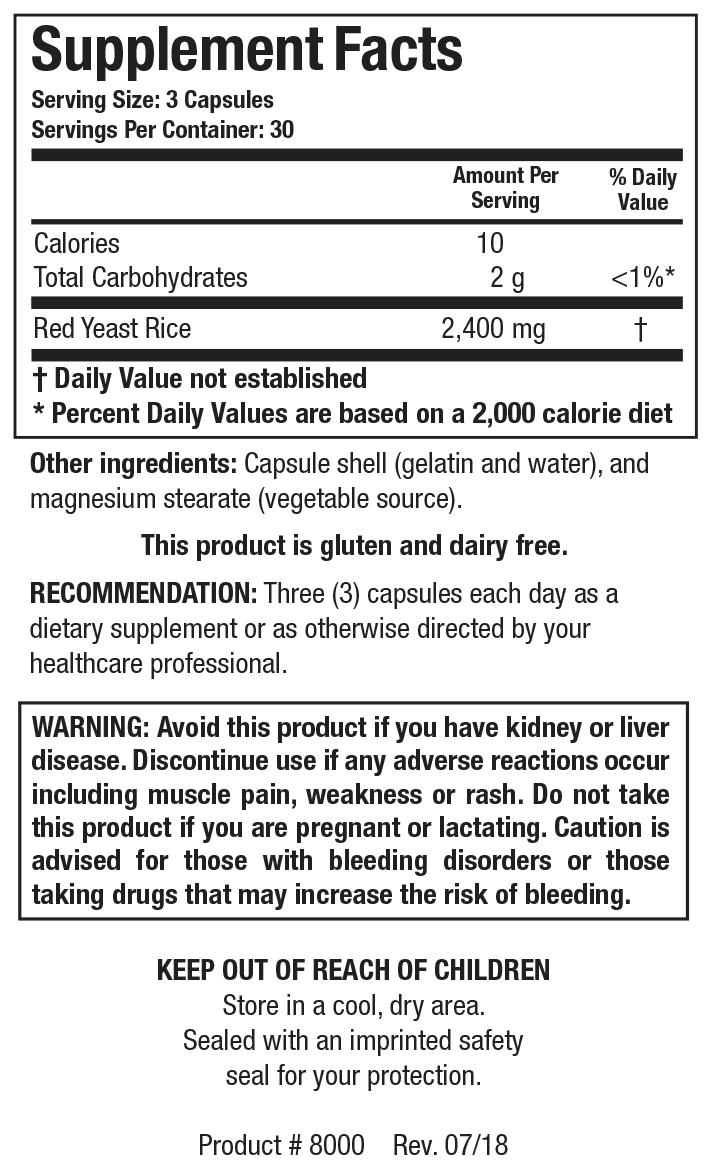 Supplement Facts label for Red Yeast Rice showing 30 servings per container with a serving size of 3 capsules, detailing 10 Calories, 2 g Total Carbohydrates (<1% Daily Value), and 2,400 mg Red Yeast Rice per serving.