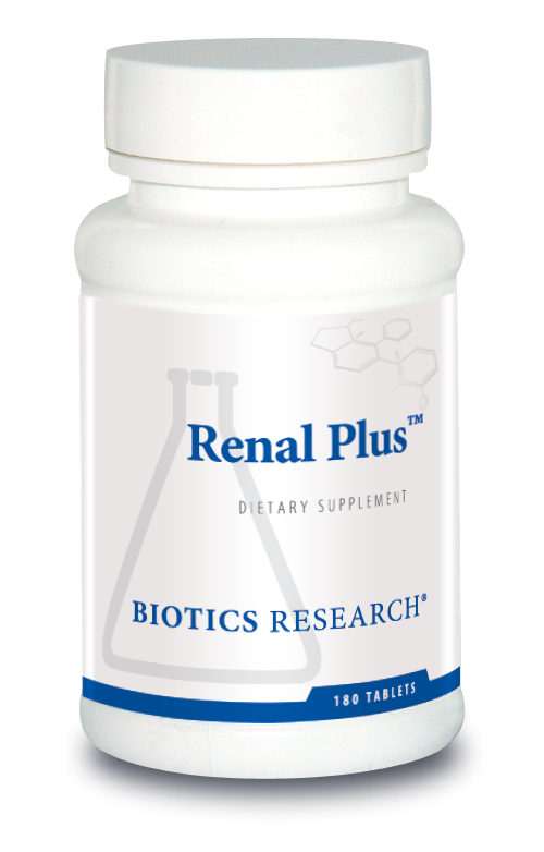 Biotics Research Renal Plus dietary supplement bottle featuring white packaging with blue accents, a beaker graphic, and 180 tablets count.