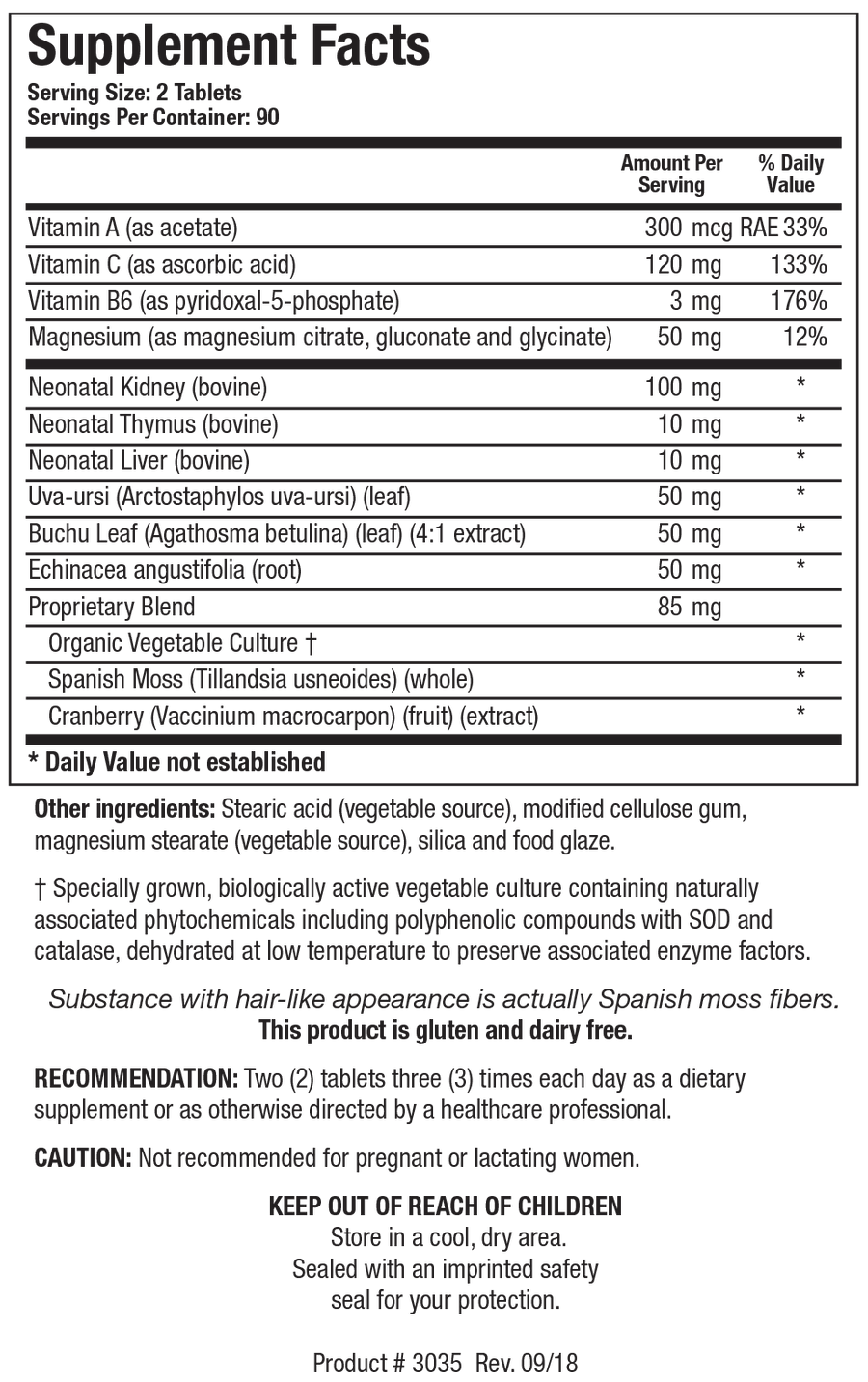 Supplement Facts label for Renal Plus showing 90 servings per container with a serving size of 2 tablets, detailing Vitamin A, Vitamin C, Vitamin B6, Magnesium, Neonatal Kidney, Thymus, Liver, Uva-ursi, Buchu Leaf, Echinacea, and a Proprietary Blend.