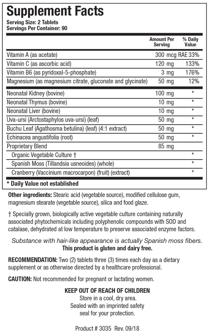 Supplement Facts label for Renal Plus showing 90 servings per container with a serving size of 2 tablets, detailing Vitamin A, Vitamin C, Vitamin B6, Magnesium, Neonatal Kidney, Thymus, Liver, Uva-ursi, Buchu Leaf, Echinacea, and a Proprietary Blend.