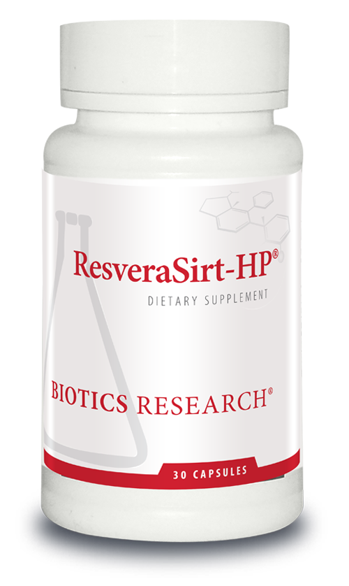 Biotics Research ResveraSirt-HP dietary supplement bottle featuring white packaging with red accents, a beaker graphic, and 30 capsules count.